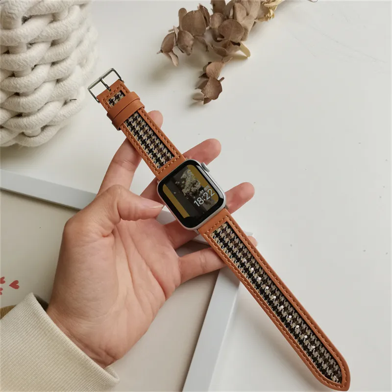 Luxury Check Canvas Leather Loop Strap For Apple Watch Series 8 7