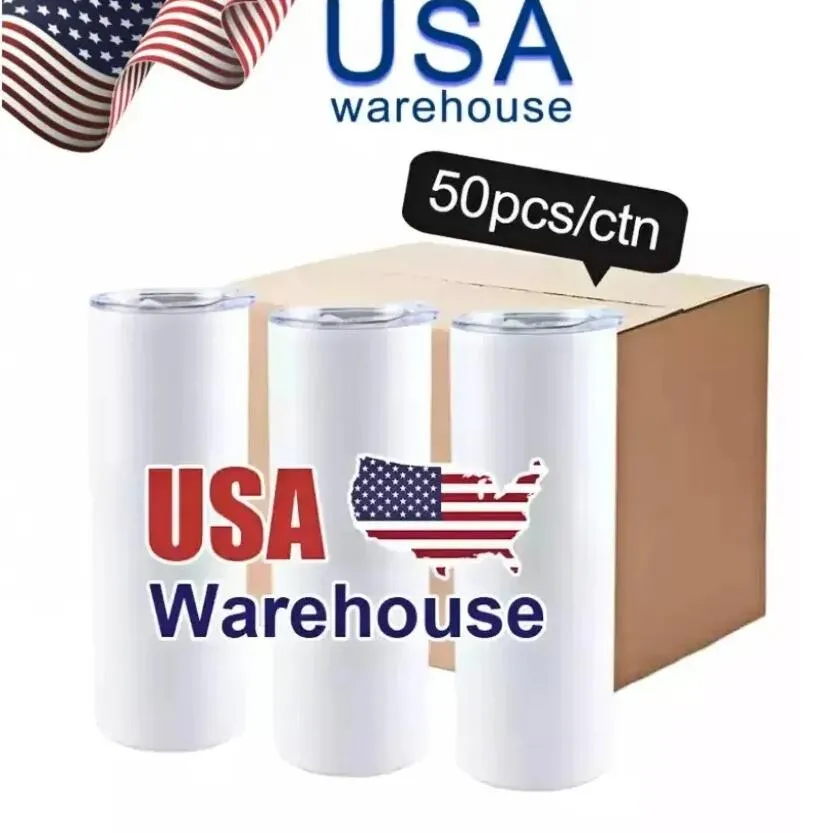 US CA STOCK 25pc/Carton Stainless Steel Insulated Tumblers 20oz Straight Blank white cup with lid straw coffee Sublimation Mugs GJ0524