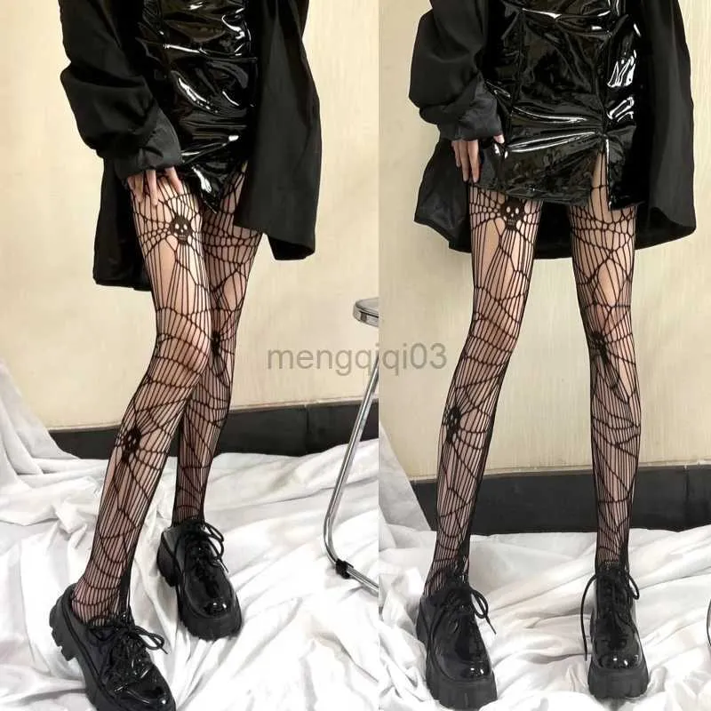 Meias Hosiery Mulheres góticas Halloween Fishnet Pantyhose Harajuku Lolita Skull Spider Spider Palavilizado Hollow Out Mesh Tights Leggings Stagens Y23