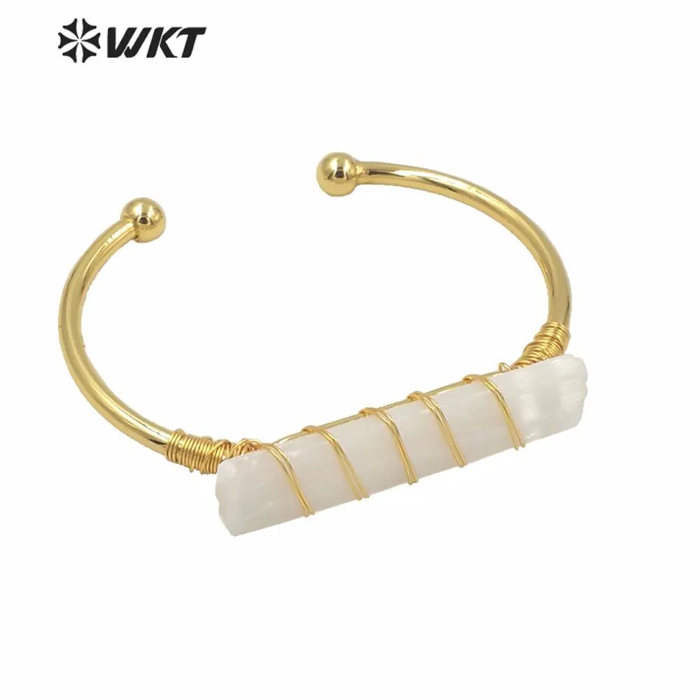 Bangle WTB567 Fashion Women Open Brass Gold Labled Long White Selenite Bangle с проводной оберщенной новой дизайнерской манжетой Bangle