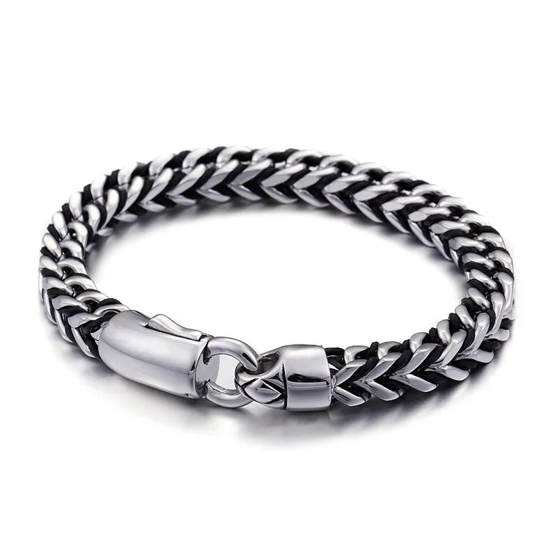 Bangle Men Big Size Link Jewelry Braided Leather Stainless Steel Woven Chain Width 8mm Cable Twine Bracelet 23cm