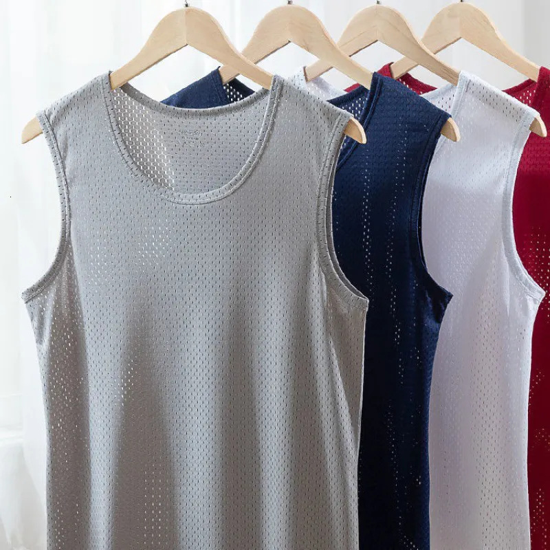 Mens tanktops mannen ijs zijdevest buiten slijtage Quickdrying mesh gat ademende mouwloze t shirts zomer koele strandreistanks 230524