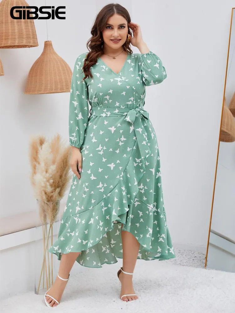 Tops GIBSIE Plus Size V Neck Print Long Dress Women Autumn Holiday Beach Casual Sweet Ladies Asymmetrical Ruffle Hem Belted Dress