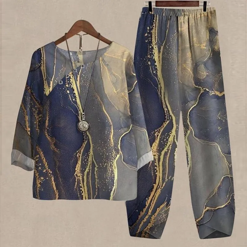 Tweedelige broek set voor dames vrouwen marmer 3d print lounge boho katoen linnen tops pakken pak zomer Harajuku korte mouw vrouwelijke outfits