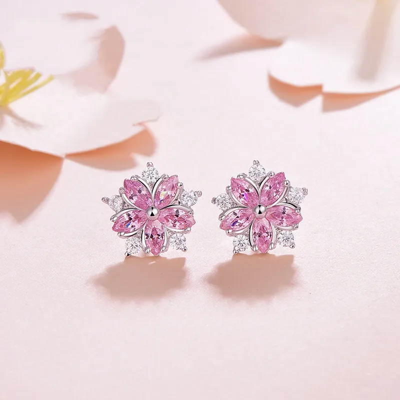 Sweet Statement Pink Cherry Blossom Stud Earrings With Sparkling Zircons - Women's Sterling Silver Jewelry_voghion.com