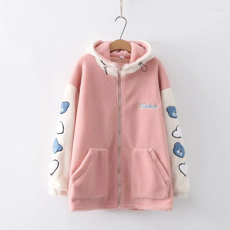 Women's Jackets Women's 2023 Cartoon Patch Embroidery Color Matching Plus Velvet Padded Hooded Lamb Wool Cotton-padded Jacket Coat