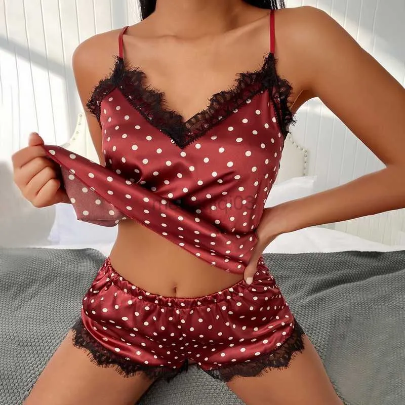 Women's Tracksuits Women Sexy Lace Pijama Stretch Satin Babydoll V-Neck Women's Pajamas Lingerie Bowknot Pyjamas Sleep Shorts Set Dot Print Pijama Y23