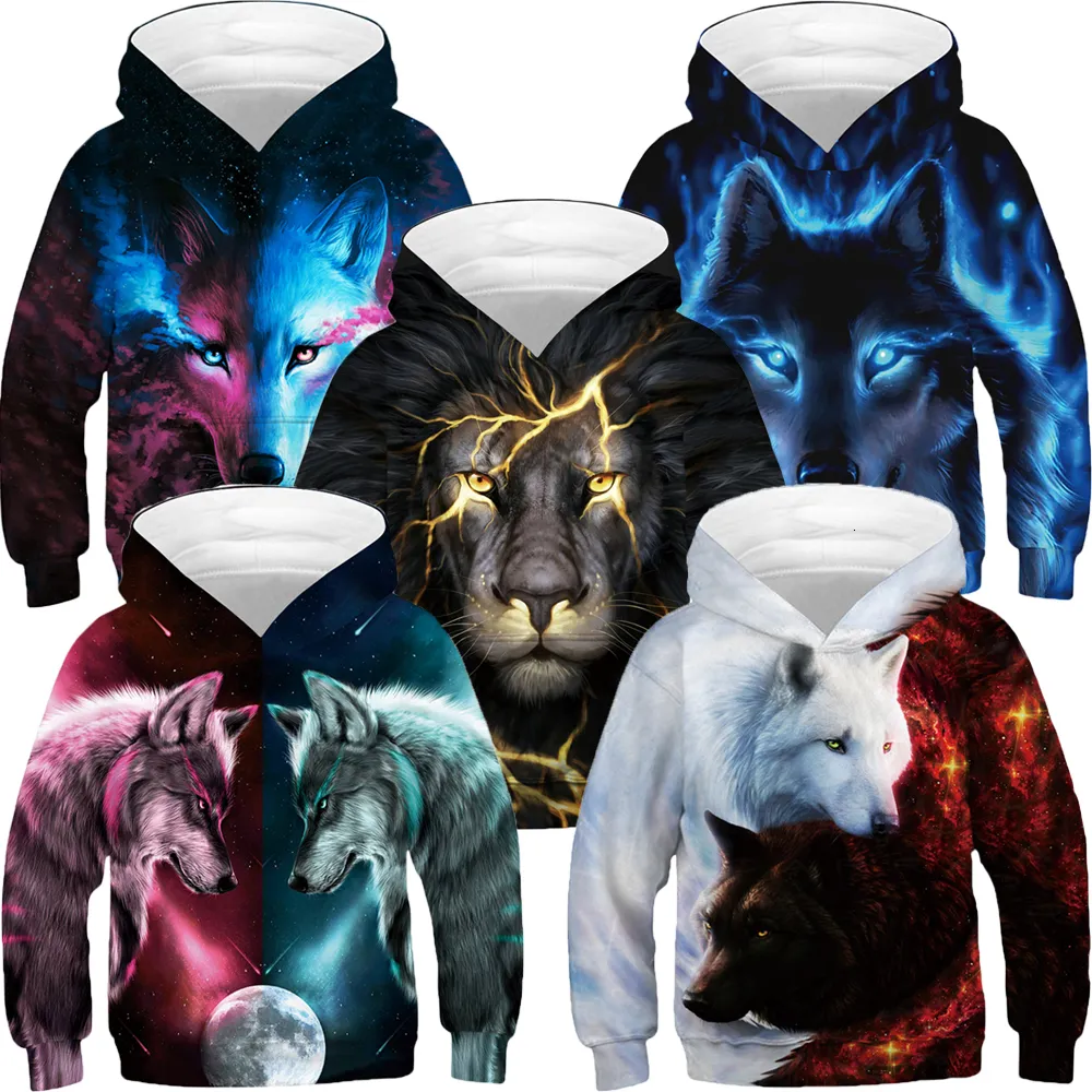 Hoodies Sweatshirts Real Wolf 3D Hooded Sweatshirt For Boys Spring Autumn A Variety Of Styles Kids Coats 4 14 Years Teens Clothes 230524