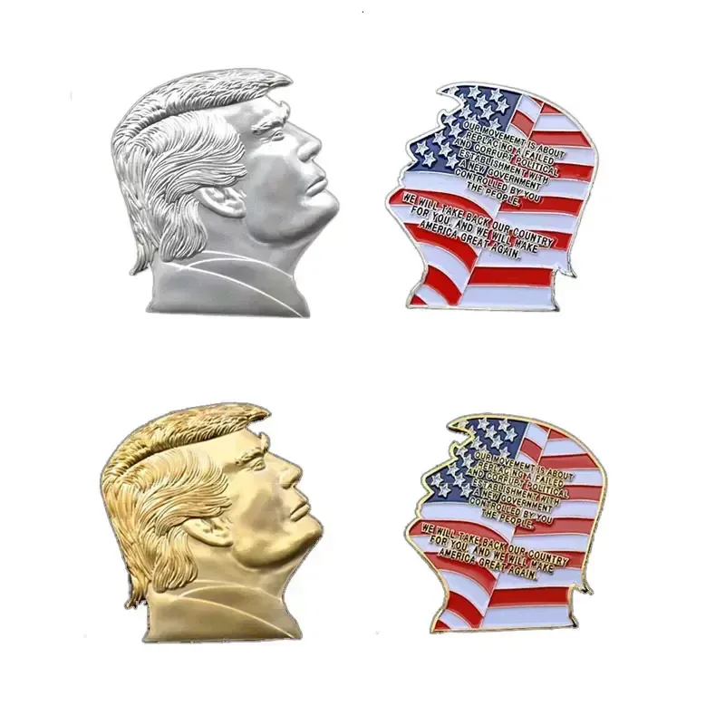Médaille de tête de Trump, artisanat plaqué or 24 carats, badge en relief plaqué argent 999, nouveau