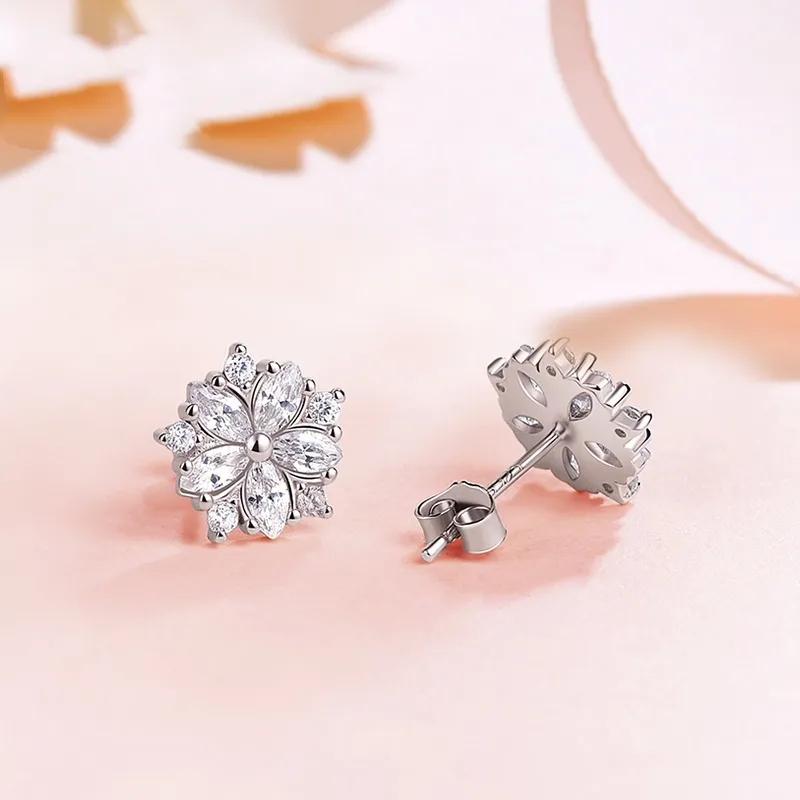 Sweet Statement Pink Cherry Blossom Stud Earrings With Sparkling Zircons - Women's Sterling Silver Jewelry_voghion.com