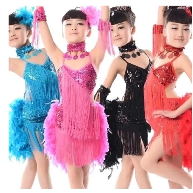 Stage Wear Girls Lange jurken Veren Kinderen Fringe gevederde kind Sexy veren Kostuums voor dansende rok Samba Jurk Latin Dance