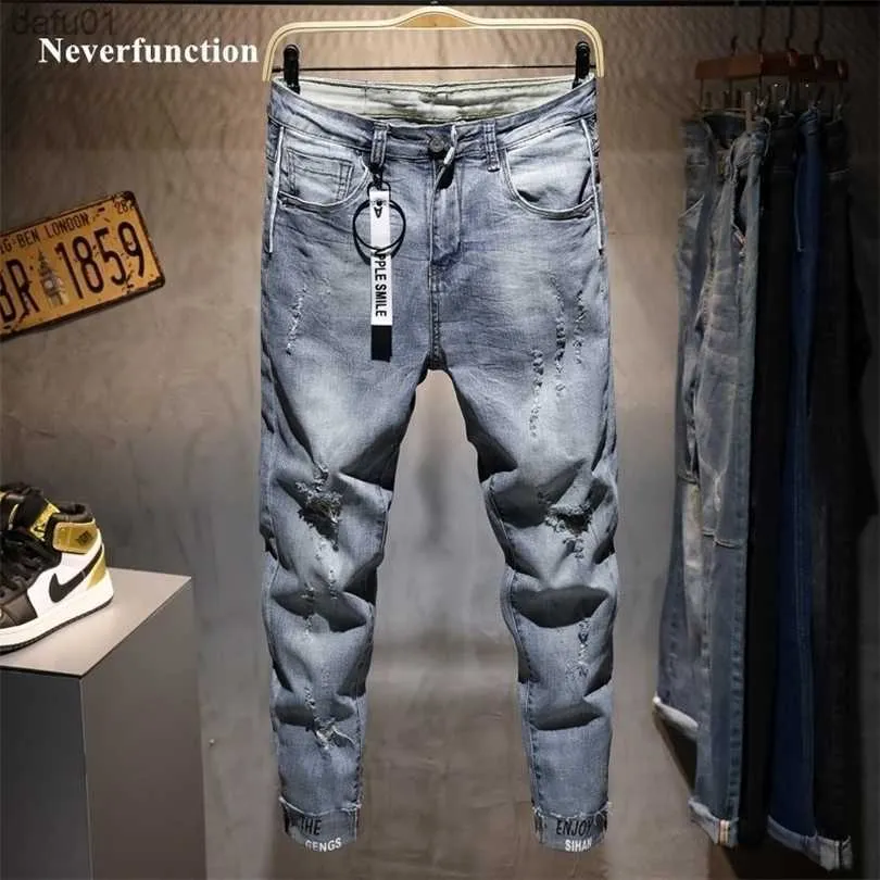 Jeans masculinos homens novos casuais calças de calça de jeans magras da moda Man Letter de rua imprimida Hole angustiado calça jeans cinza 201123 L230520