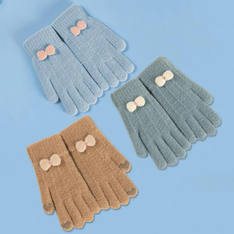 Cinq doigts gants femmes hiver tricoté doigt complet arc solide Crochet tricot laine écran tactile mitaines femme chaud conduite cadeau