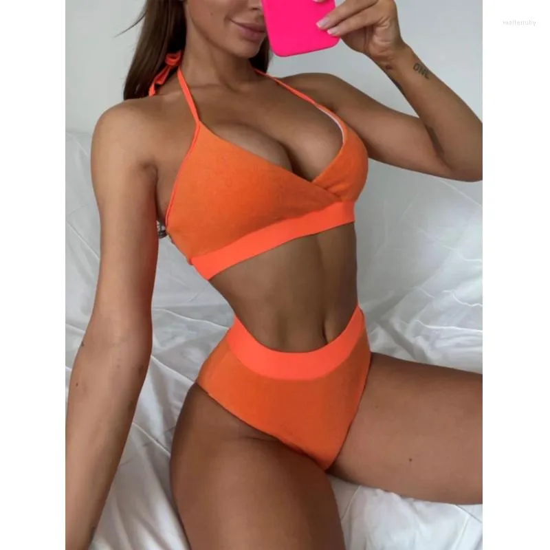 Women's Swimwear 2 Piece Brazilian Bikini Orange Swimsuit Women Green Low Waist Tankini Set Bandage Bikinis 2023 Bathing Suit Girl