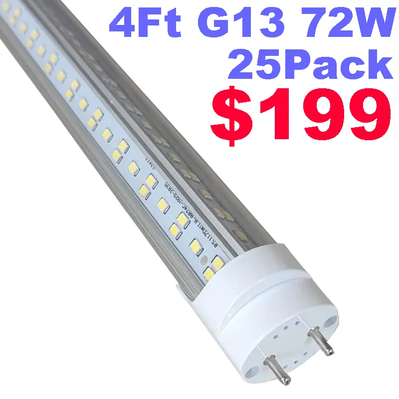 Lampadine a LED T8 T12 4FT, 72W 7200LM Sostituzione del tubo fluorescente da 4 piedi, 4 file 384LED, bypass di zavorra, alimentazione a doppia estremità, luce per negozio di magazzino trasparente per garage usalight