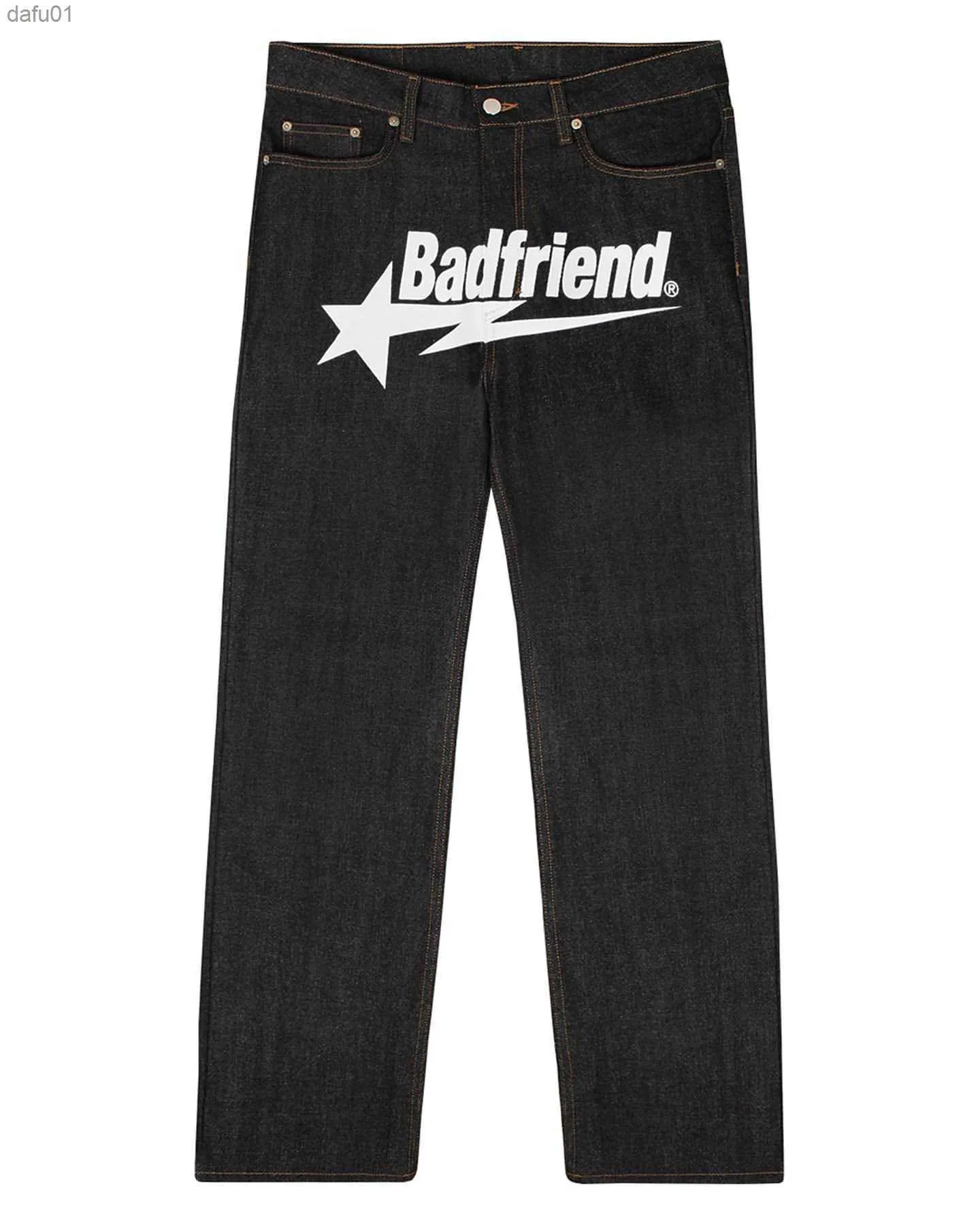 Jeans da uomo Jeans da uomo Y2k Hip Hop Badfriend Letter Stampa Pantaloni larghi neri 2023 Pantaloni larghi Harajuku Fashion Punk Rock Streetwear 230329 L230520