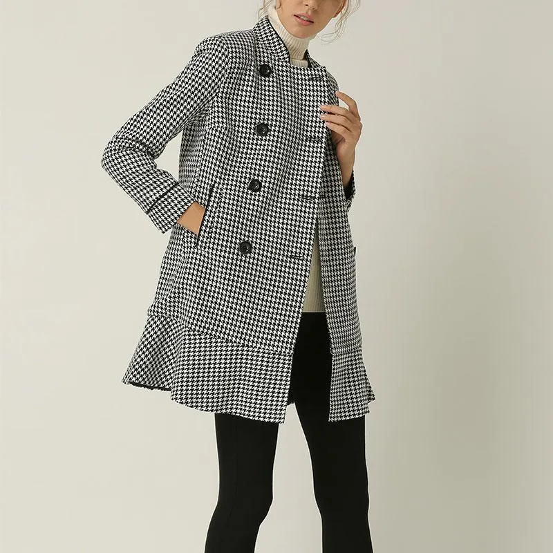 Dameswollen Blends Double-breasted Houndstooth Coat 2023 Autumn Winter Ladies Outparden Tops Midden-Length Jacket met zakken