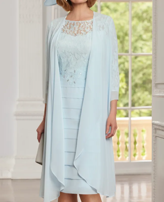 花嫁の衣装のシックなライトブルーの母バトーネック膝の長さマザードレスとジャケット付き