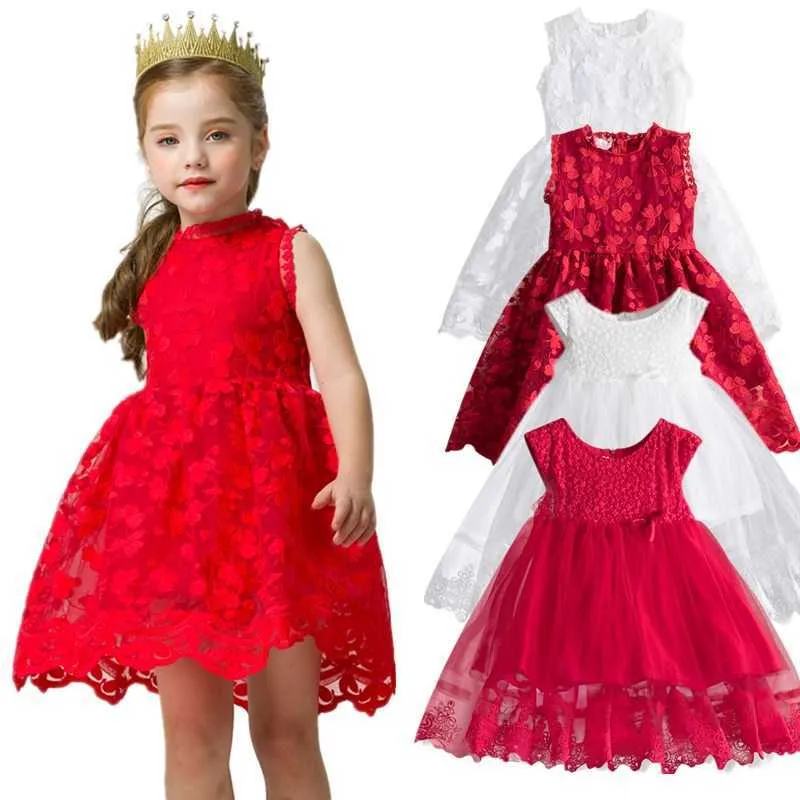 Red Princess Party Dress For Girls Sleeveless Red Lace Tank Top