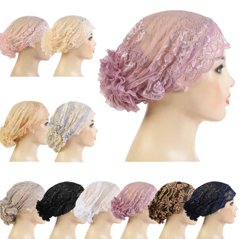 Mode nouvelle dentelle fleur sous-écharpe Bonnet chapeau femmes musulman intérieur Hijab chimio casquette perte de cheveux foulard bonnets Wrap Turbante Mujer