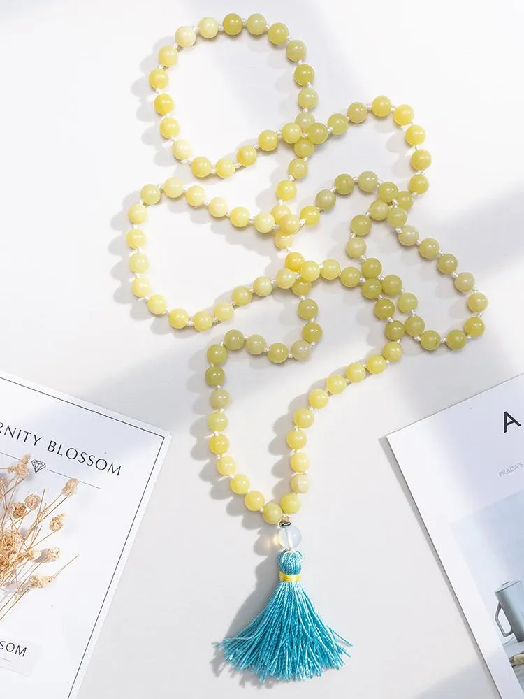 Halsband oaiite 8mm naturliga stenar citron jade mala bönpärla halsband för kvinnor japamala knuten pärla meditation yoga anda smycken