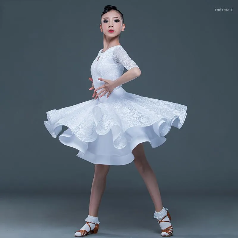 Scene Wear Kids Dresses For Girls White Short Sleeve Tops Split Dress kjolar Latin Dance Ballroom Performance Clothes SL2265