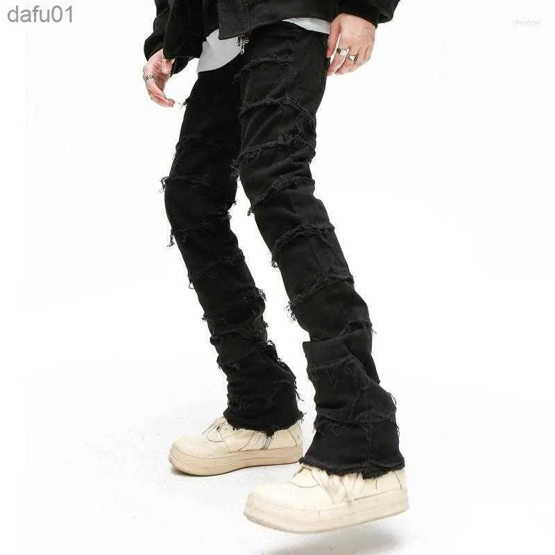 Men's Jeans Men's Jeans Mens Retro Patchwork Flared Pants Grunge Wild Stacked Ripped Long Trousers Straight Y2k Baggy Washed Faded For Men L230520
