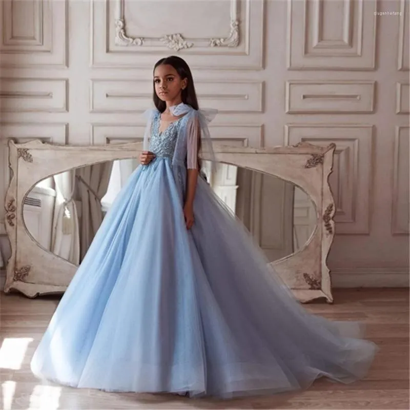 Sky Blue Flower Girl Dress Elegant Lace Long Gown for Wedding, First  Communion, Prom, Pageant Princess Style