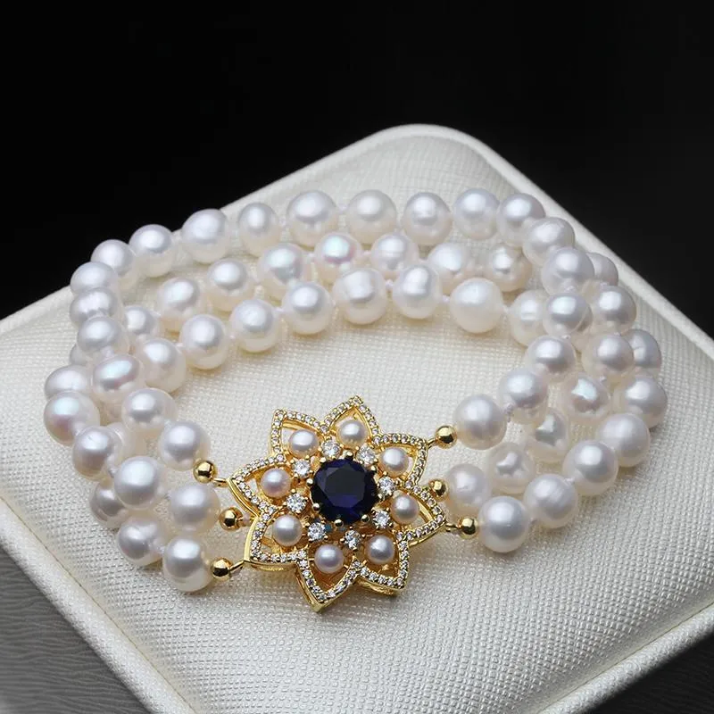 Bangles Luxury White Real Natural MultiLayer Round Pearl Bracelet Women Trendy 3 Rows Bracelet Jewelry Engagement Gift