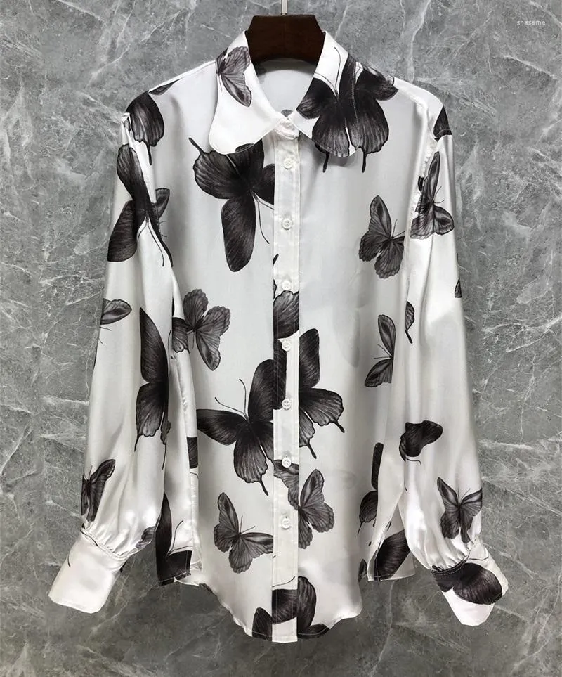 Blouses pour femmes Top qualité soie 2023 printemps été Style femmes col rabattu papillon imprime à manches longues décontracté blanc noir chemises