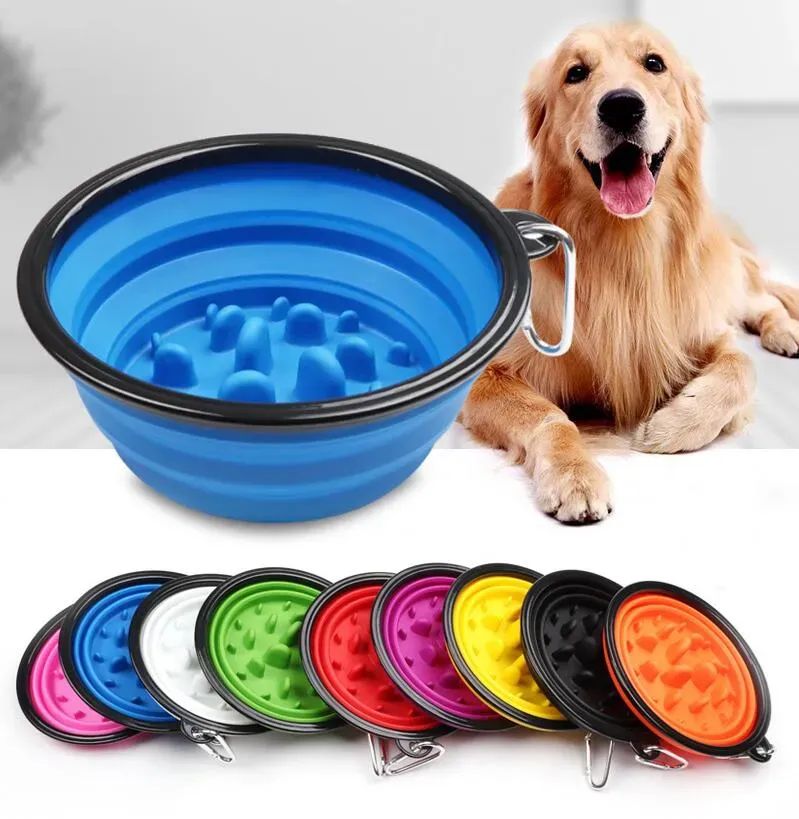 Resor Comapsible Dog Cat Feeding Bowl Slow Feeder Pet Water Dish Feeder Foldbar choke skål med krok långsam matskål