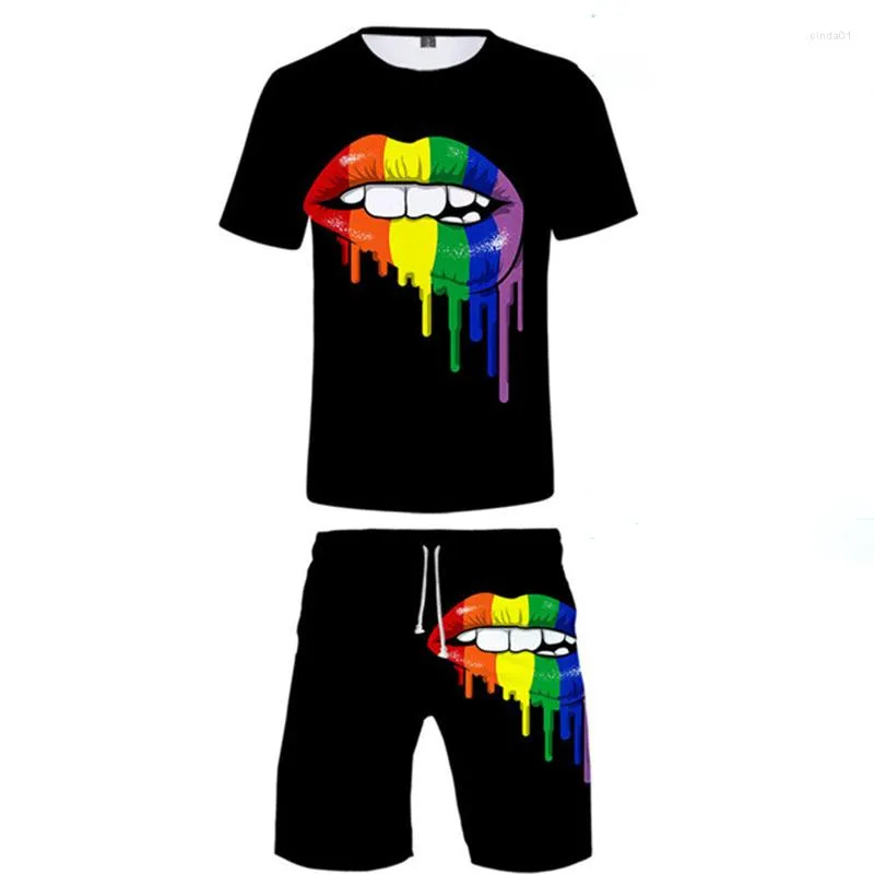 남성용 트랙복 화려한 요소 패션 3D 프린트 남자 여자 티셔츠 세트 레인보우 LGBT 반바지 2 개 세트 캐주얼하라 주쿠 스트리트웨어