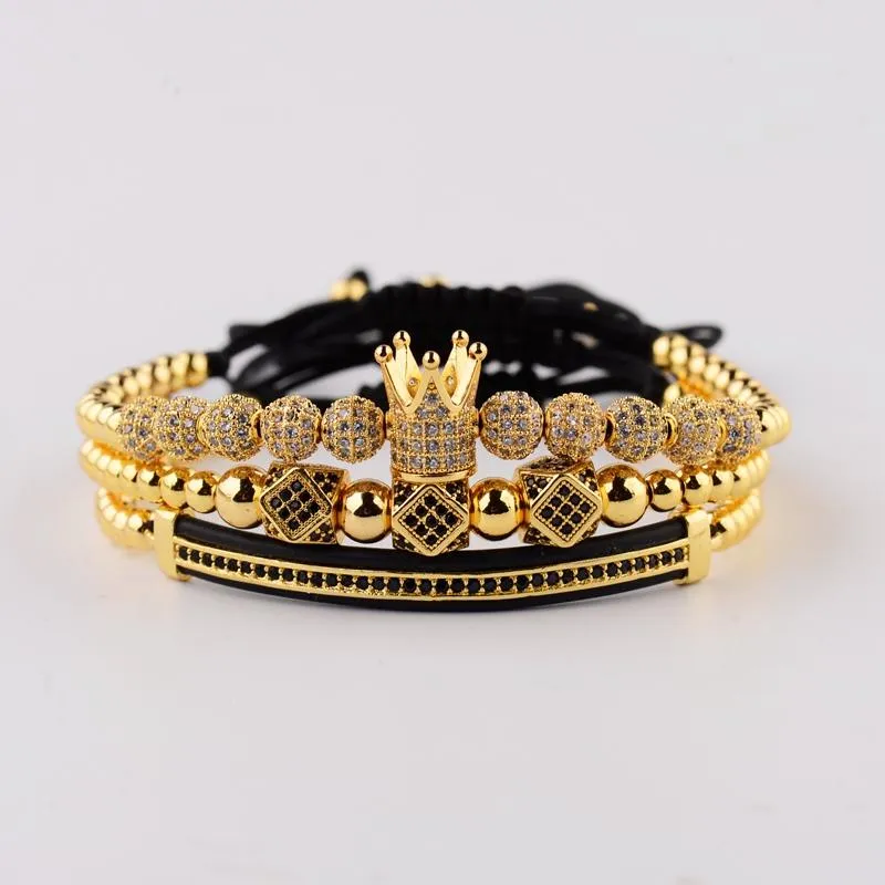 Bangle Amader 3pcs/set Luxury CZ ball Crown Charm Copper Bead Macrame Bracelets Men Handmade Long Tube Set Bracelets Bangles For Women