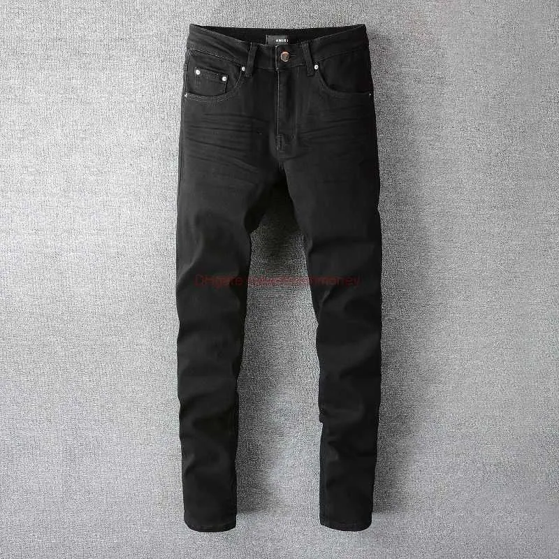 Roupas de grife Amires Jeans Calça jeans Amies High Street Preto lavado Jeans básico masculino Marca de moda jovem Ajuste fino Pés elásticos Slp Calça comprida desgastada Rasgado