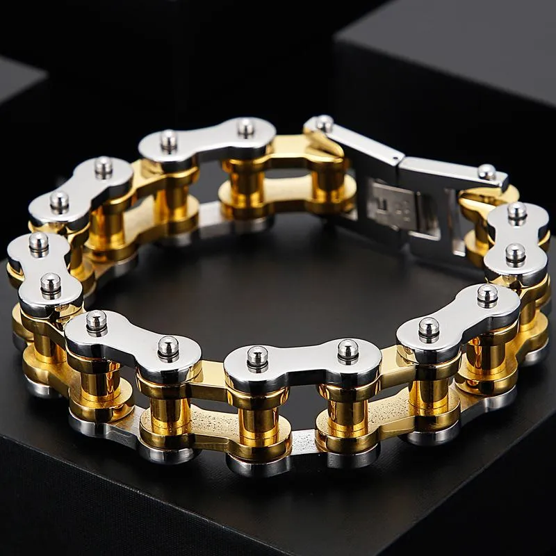 Bangle Gold Color Stainless Steel Bicycle Biker Link Chain Bracelet Homme Armband Heavy Chunky Bracelet Men Moto Jewelry Rock And Roll