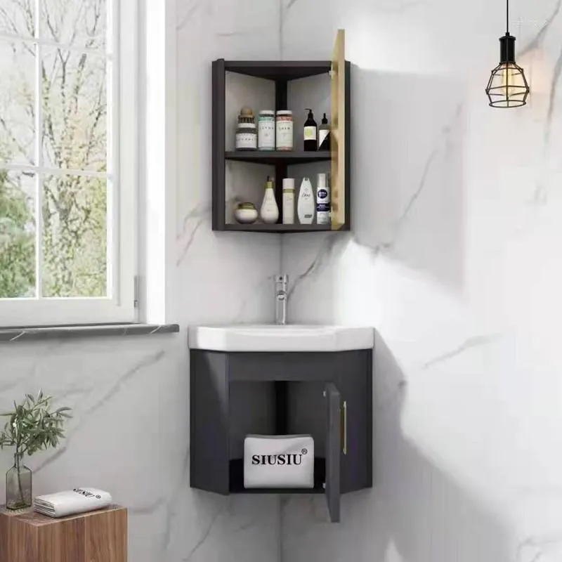 Grifos para lavabo de baño, conjunto completo de combinación de gabinete de lavabo triangular para apartamento pequeño de aluminio, cara de esquina de casa montada en la pared