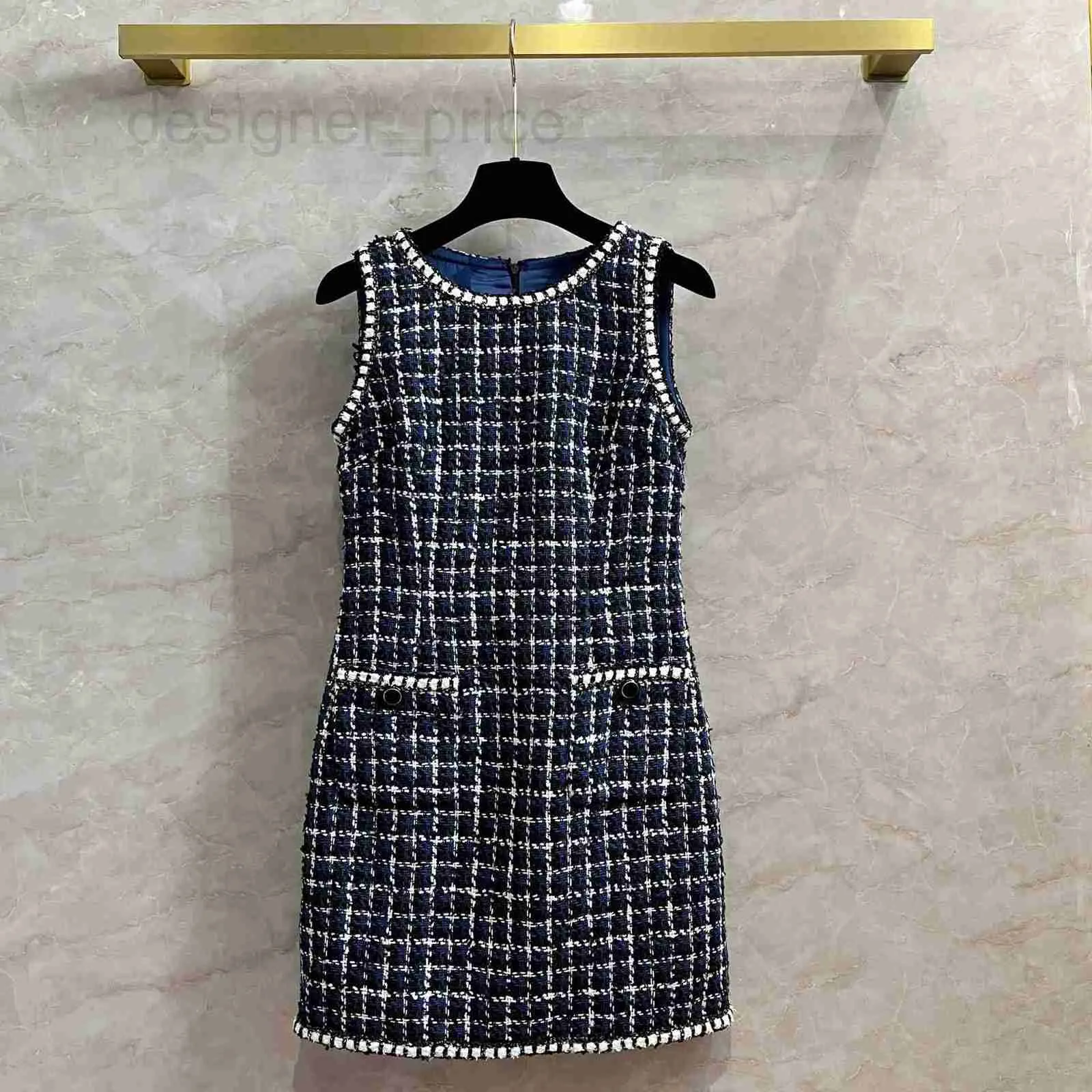 Runway Dresses designer French sequin woven beaded webbing tweed sleeveless dress chic blue white plaid aging vest skirt 9O2P