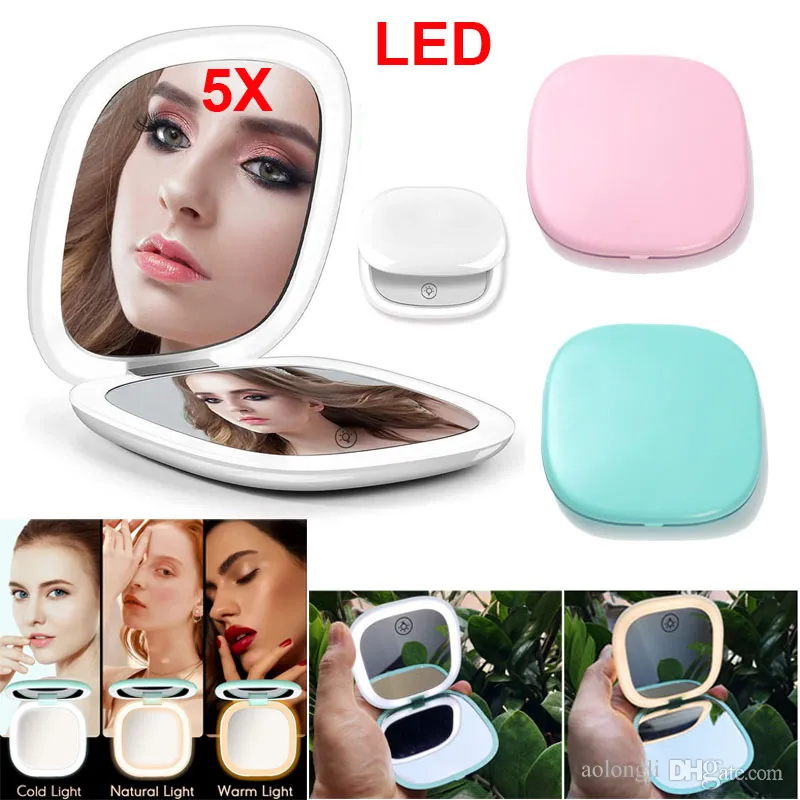 Portable LED Lighted Makeup Mirror With 5x Magnification Mini Usb Adapter Rechargeable Compact Pocket Design For Travel From Aolongli 5.33 DHgate.Com