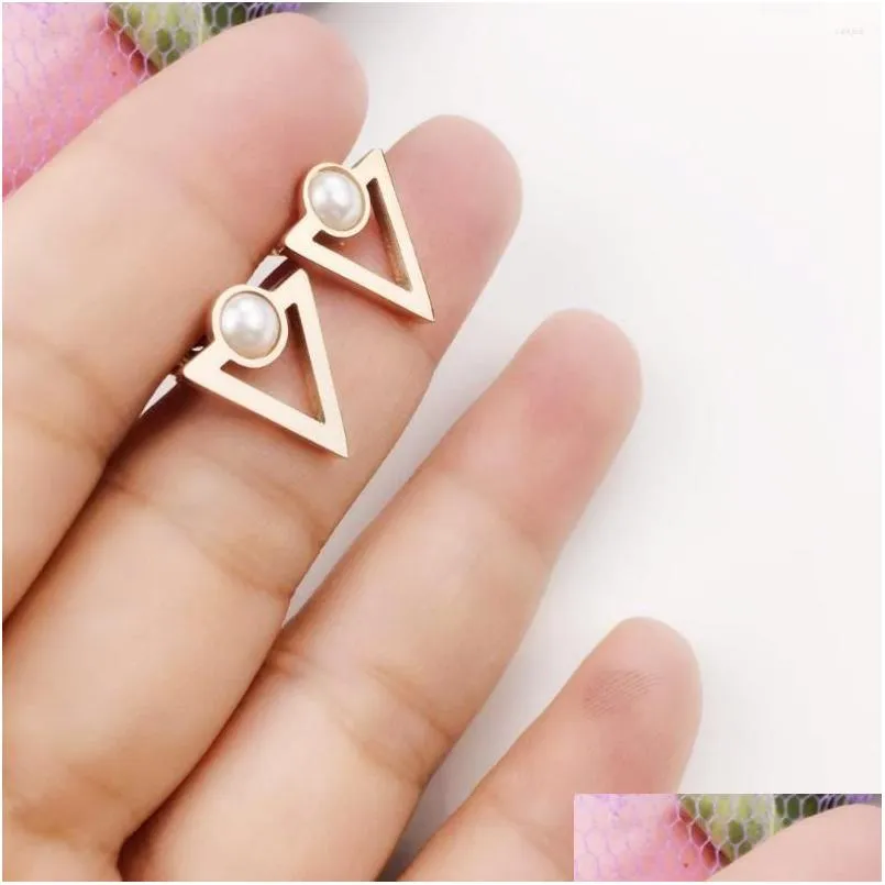 Ohrstecker Dreieck und Perle Ohr Nägel Göttin Luxus Rose Gold Farbe Ohrring Luxe Modeschmuck Edelstahl für W Dhgarden Dhubn