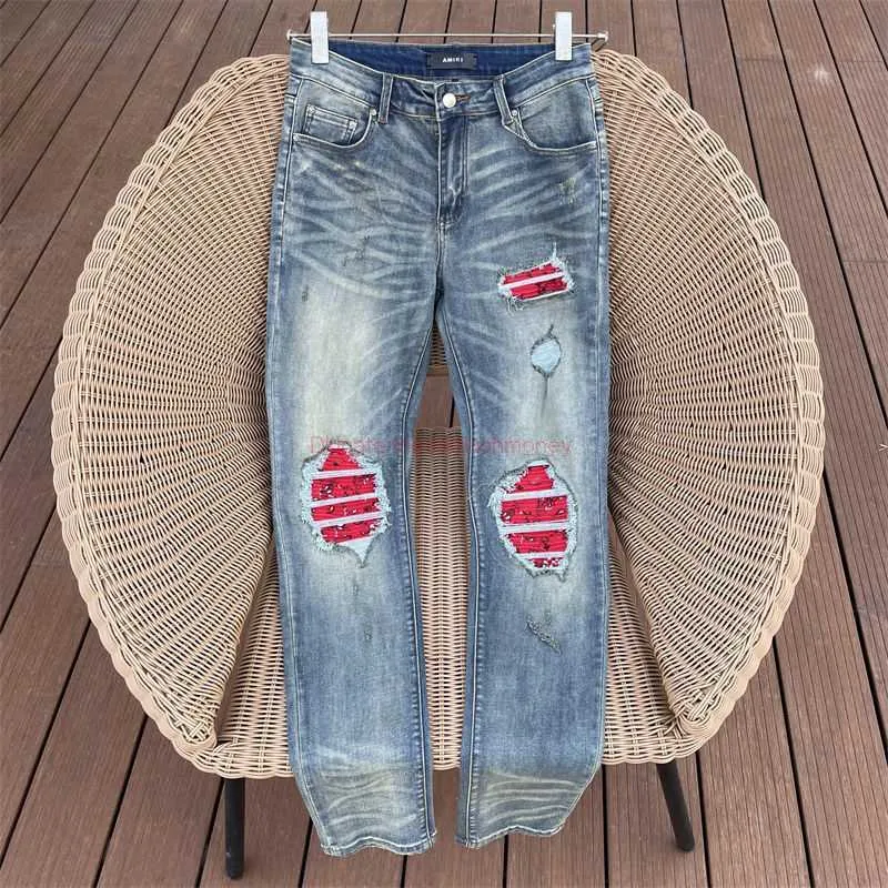 Ubrania od projektantów Dżinsy Amires Spodnie dżinsowe Fashion Man Amies New 23ss Hole Red Patchwork Mx2 High Street Cut Cut Slim Skinny Jeans Man Distressed Ripped Skinny Moto