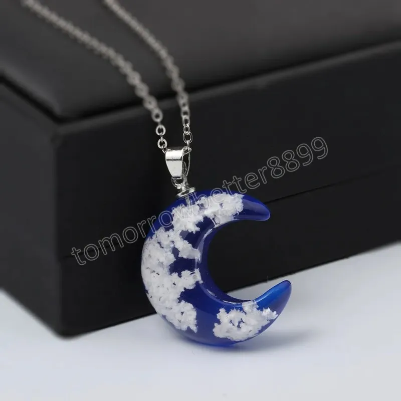 Cristal Verre Collier Lune Pendentif Bleu Ciel Blanc Nuage Transparent Résine Lune Pendentifs Colliers Femmes Mode Bijoux Cadeau