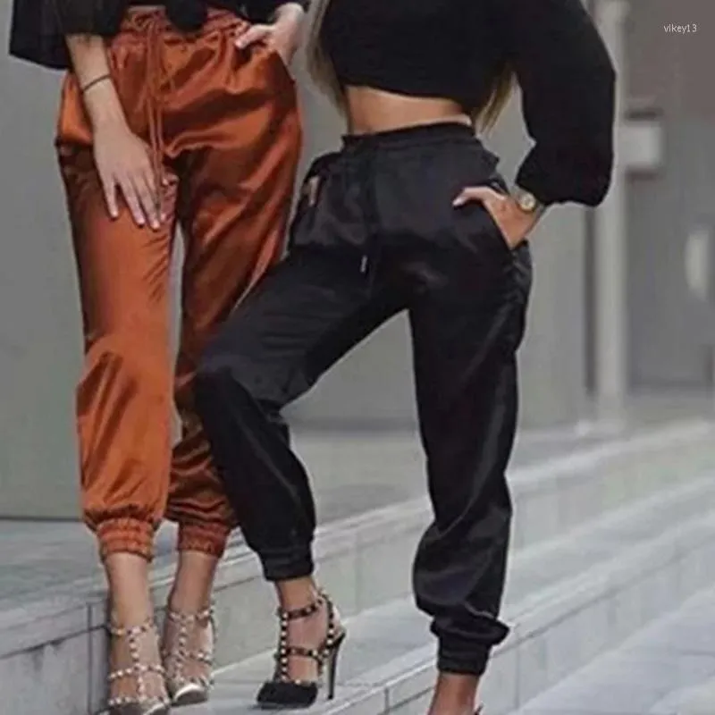 Pantalon femme Bsolid couleur noir Joggers femmes Satin été 2023 taille haute décontracté Cargo pantalon de survêtement coréen rouge pantalon
