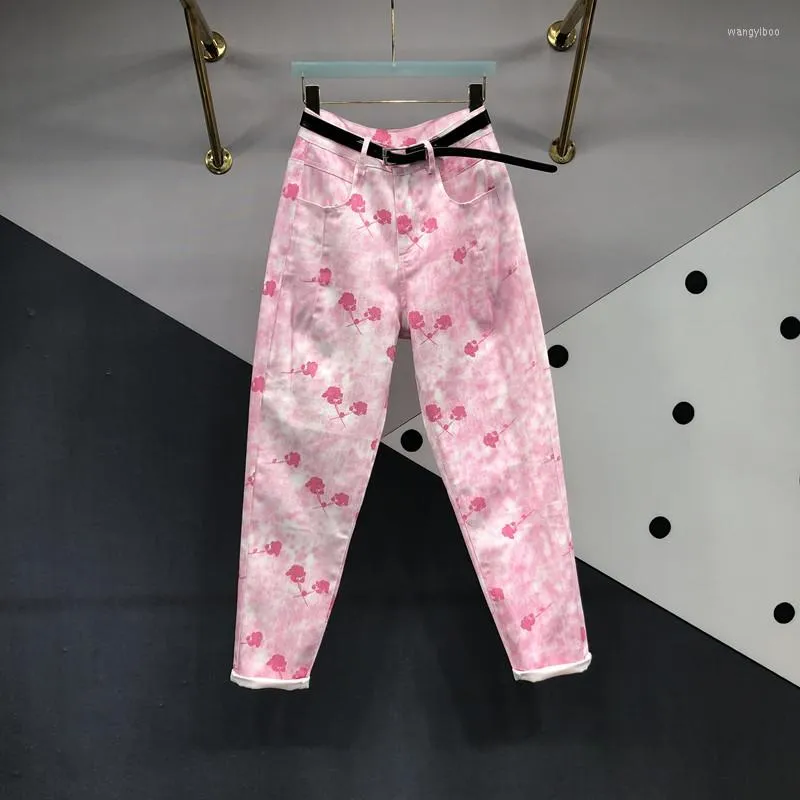 Pantalones vaqueros de mujer primavera verano sueltos con estampado rosa pantalones hasta el tobillo para mujer pantalones holgados de cintura alta para pantalones bombachos