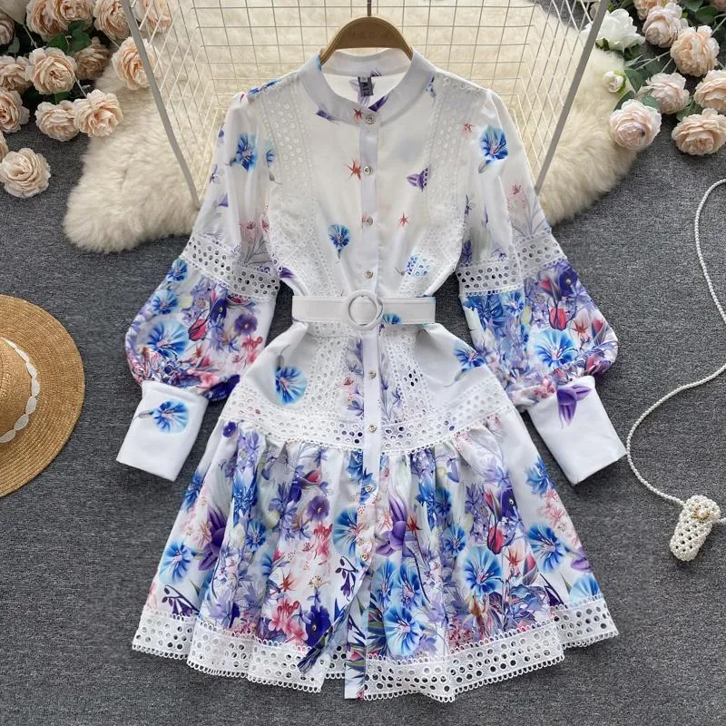 Robes décontractées Robe Vintage Style National Tempérament Imprimé Lanterne Manches Recueillir Taille Hit Couleur Fleur Avec Ceinture Femmes Élégant