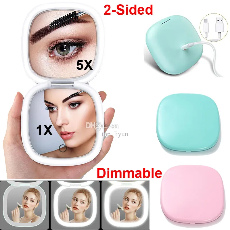 Kompaktowy lustro LED Makeup lusterka USB ładowna 2 -osobowa 1x/5x powiększanie kosmetyków lustro z światłem 3 kolory jasność Dimmabilna przenośna torebka kieszeniowa