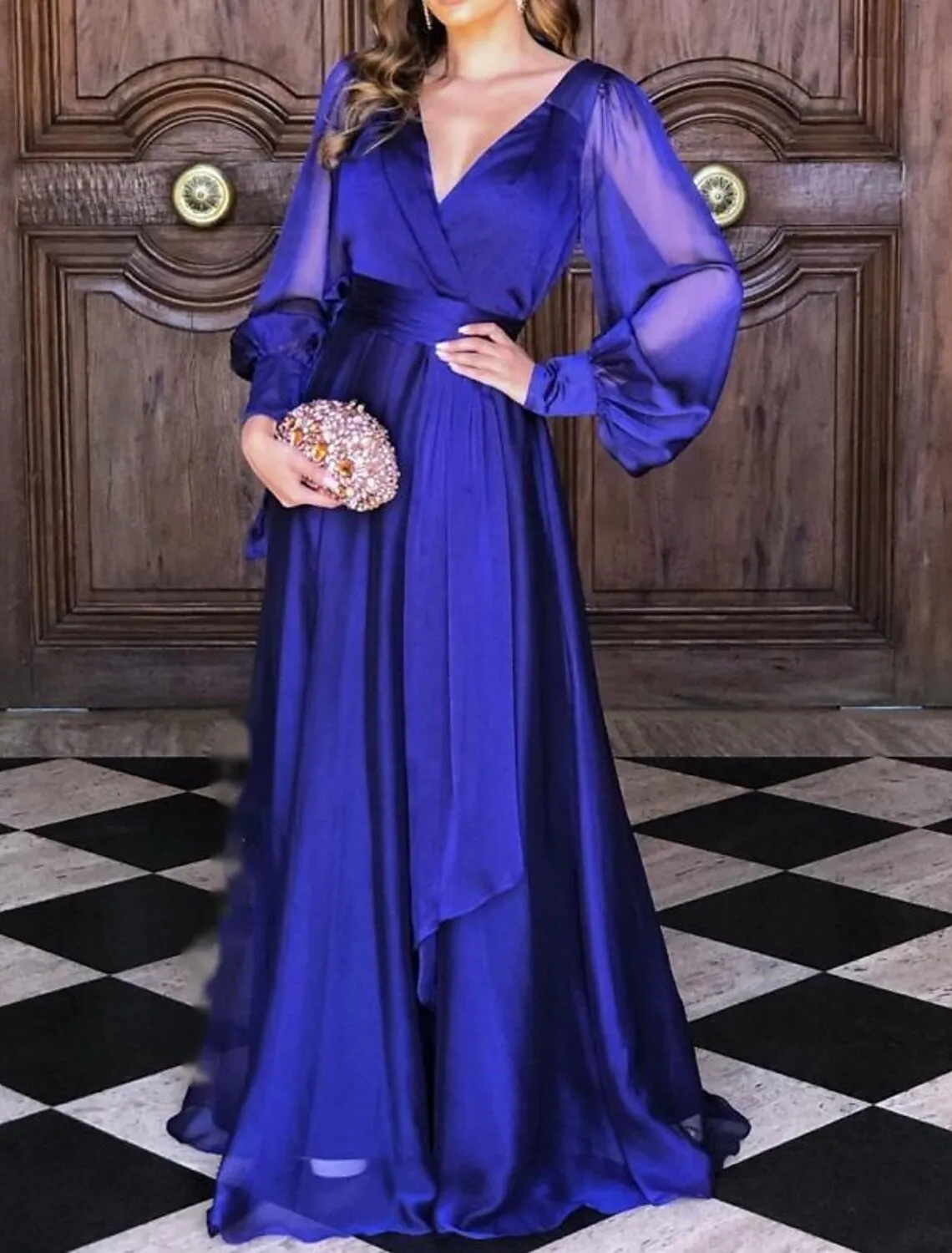 Royal Blue A-Line Evening Formal Dresses 2023 Long Sleeve Backless V Neck Chiffon Pleats Prom Party Gowns Robe De Soiree Vestidos De Feast