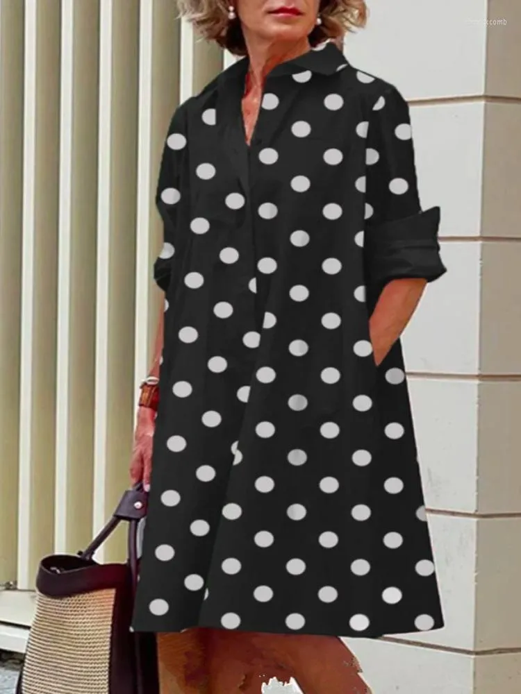 Casual Dresses 2023 Spring Women Fashion Dress Elegant Black White Tunica Loose Polka Dot Print Lapel Långärmficka Midi Vestidos