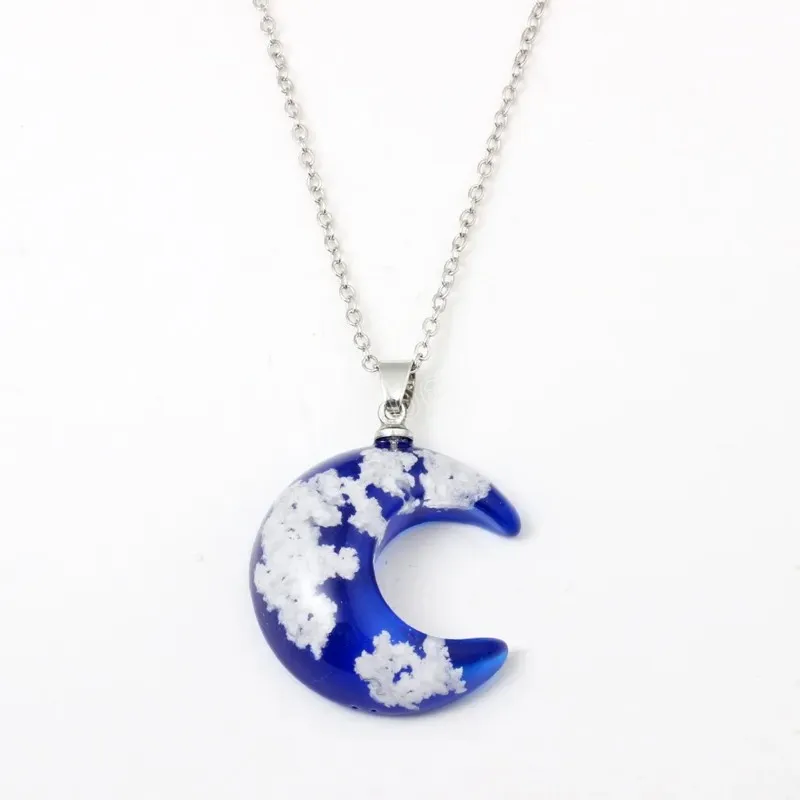 Cristal Verre Collier Lune Pendentif Bleu Ciel Blanc Nuage Transparent Résine Lune Pendentifs Colliers Femmes Mode Bijoux Cadeau