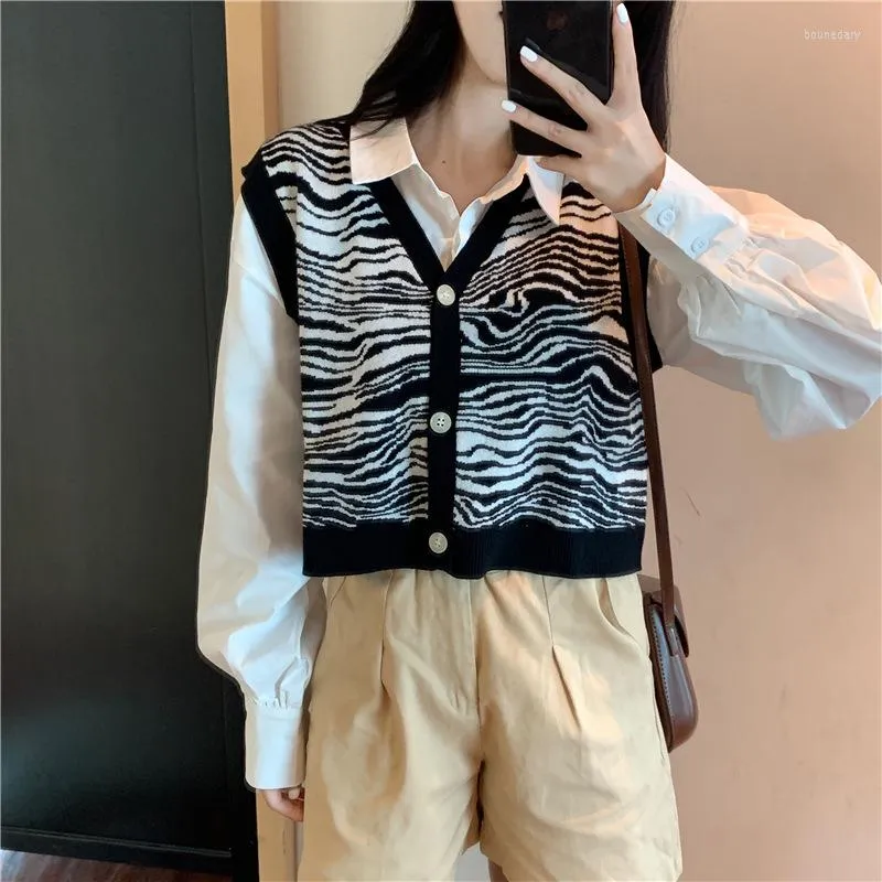 Débardeurs femmes femmes imprimé zèbre tricoté gilet pull sans manches Cardigan 2023 Harajuku Style Preppy léger récolte col en v automne noir