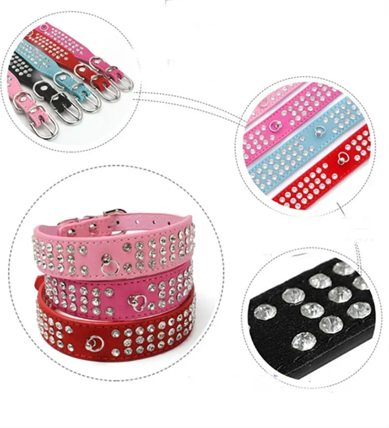 Personalized Length Suede Skin Jeweled Rhinestones Pet Collars Three Rows Crystal Diamonds Studded Puppy Dog Collar